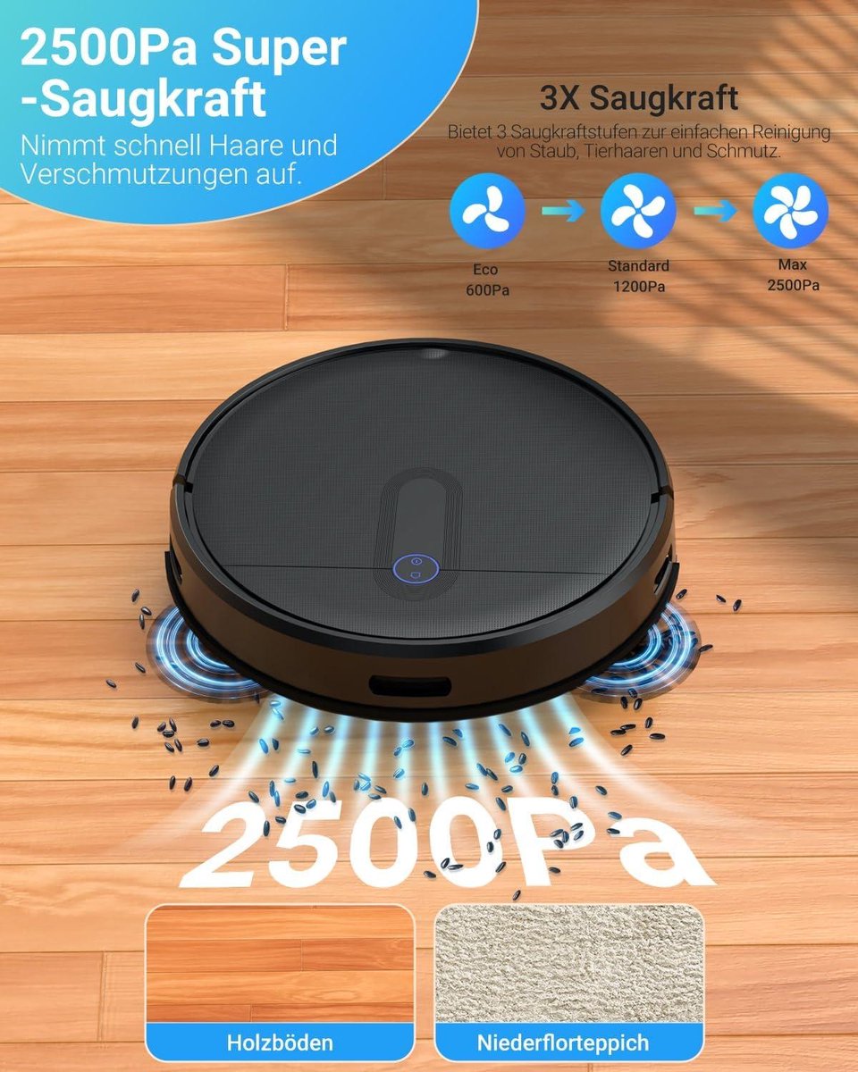 2500 Pa zuigkracht, WLAN-app, Google Assistent, 120 minuten looptijd - Robotstofzuiger voor harde vloeren, tegels, laminaat, tapijten, dierenharen