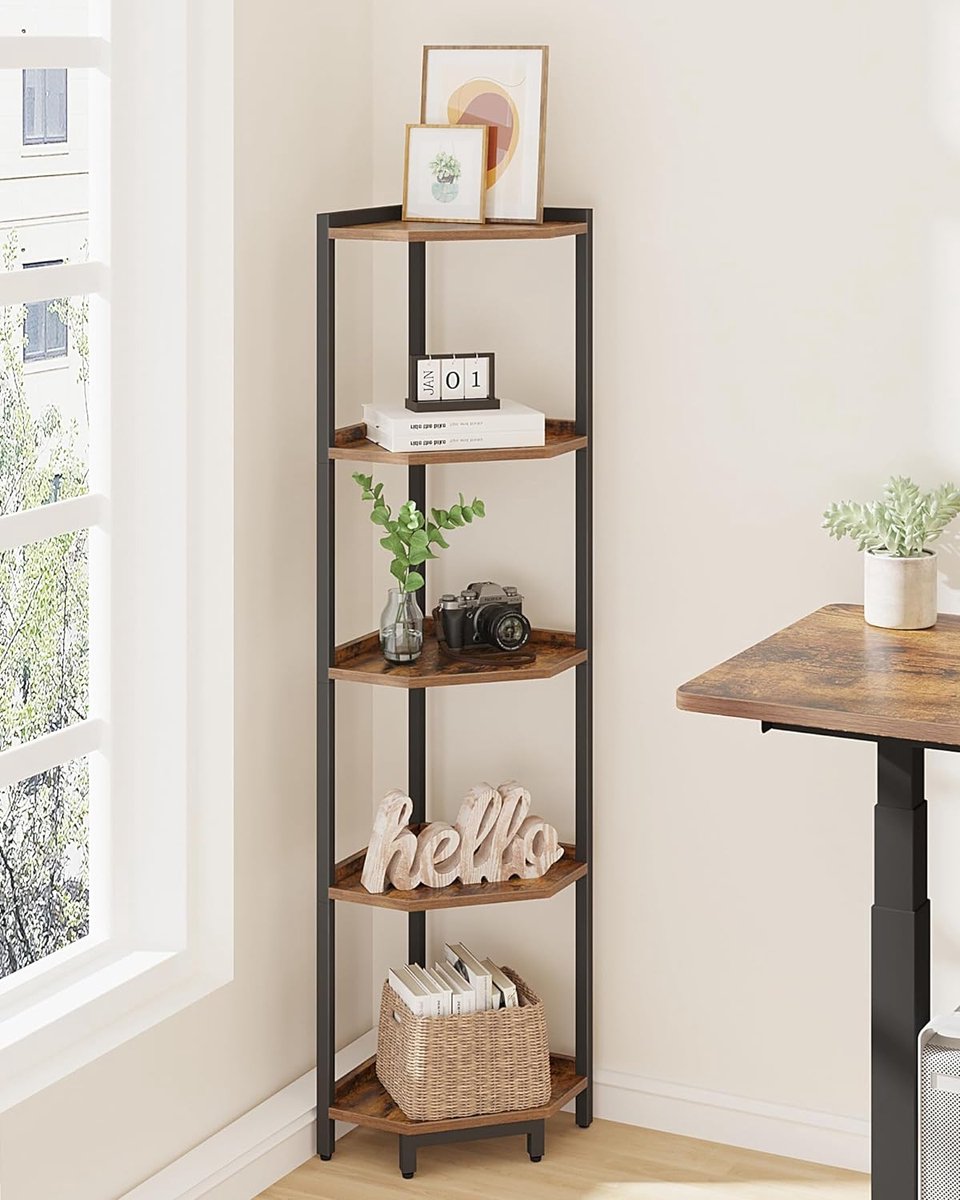 Corner Shelf Stand, 5-Tier Corner Bookshelf, Storage Stand with Metal Frame, Plant Stand, Corner Bookcase for Living Room Home Office, Rustic Brown and and Black