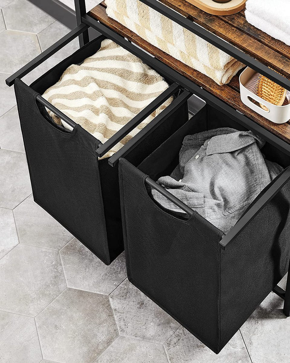 wasmand, wasverzamelaar, 2 compartimenten, 2 planken, wasbak, waszak uitschuifbaar en verwijderbaar, per zak 46 liter, voor badkamer, wasruimte, vintage bruin-zwart BLH211B01