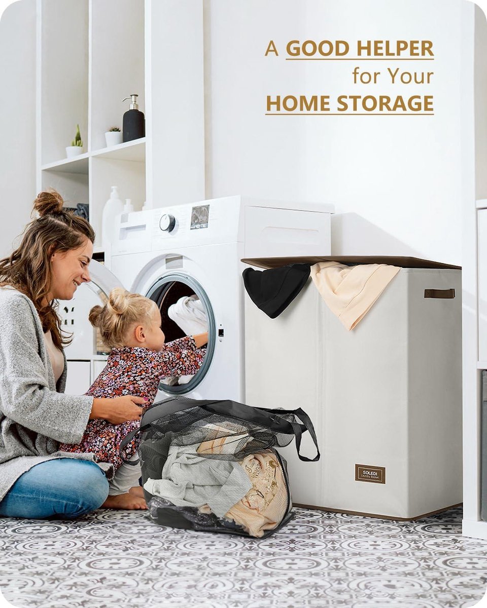 145L double laundry hamper with lid and removable laundry bags - white - large capacity, storage solution