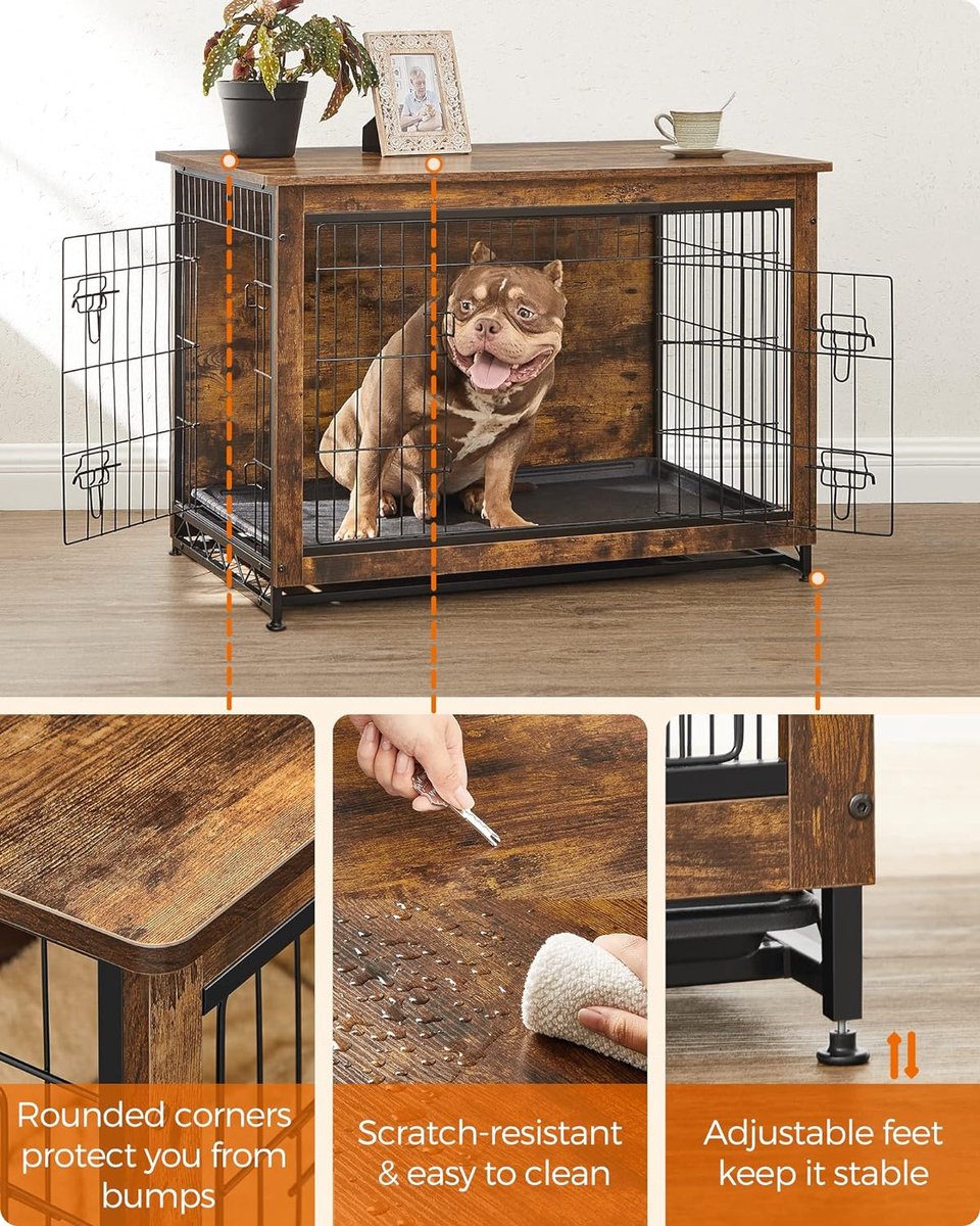 Hondenbench bijzettafel hondenbox modern hondenhok voor binnen tot 42 kg zeer belastbaar hondenhuis voor thuis uitneembaar dienblad 2 deuren vintage bruin