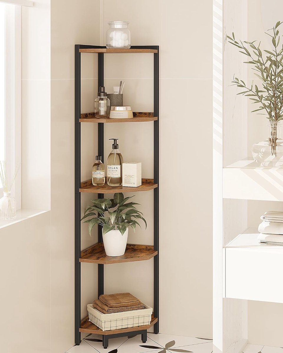 Corner Shelf Stand, 5-Tier Corner Bookshelf, Storage Stand with Metal Frame, Plant Stand, Corner Bookcase for Living Room Home Office, Rustic Brown and and Black