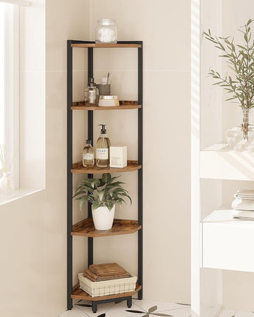 Hoekplankstandaard, 5-laags hoekboekenkast, opbergstandaard met metalen frame, plantenstandaard, hoekboekenkast voor woonkamer, thuiskantoor, rustiek bruin en zwart