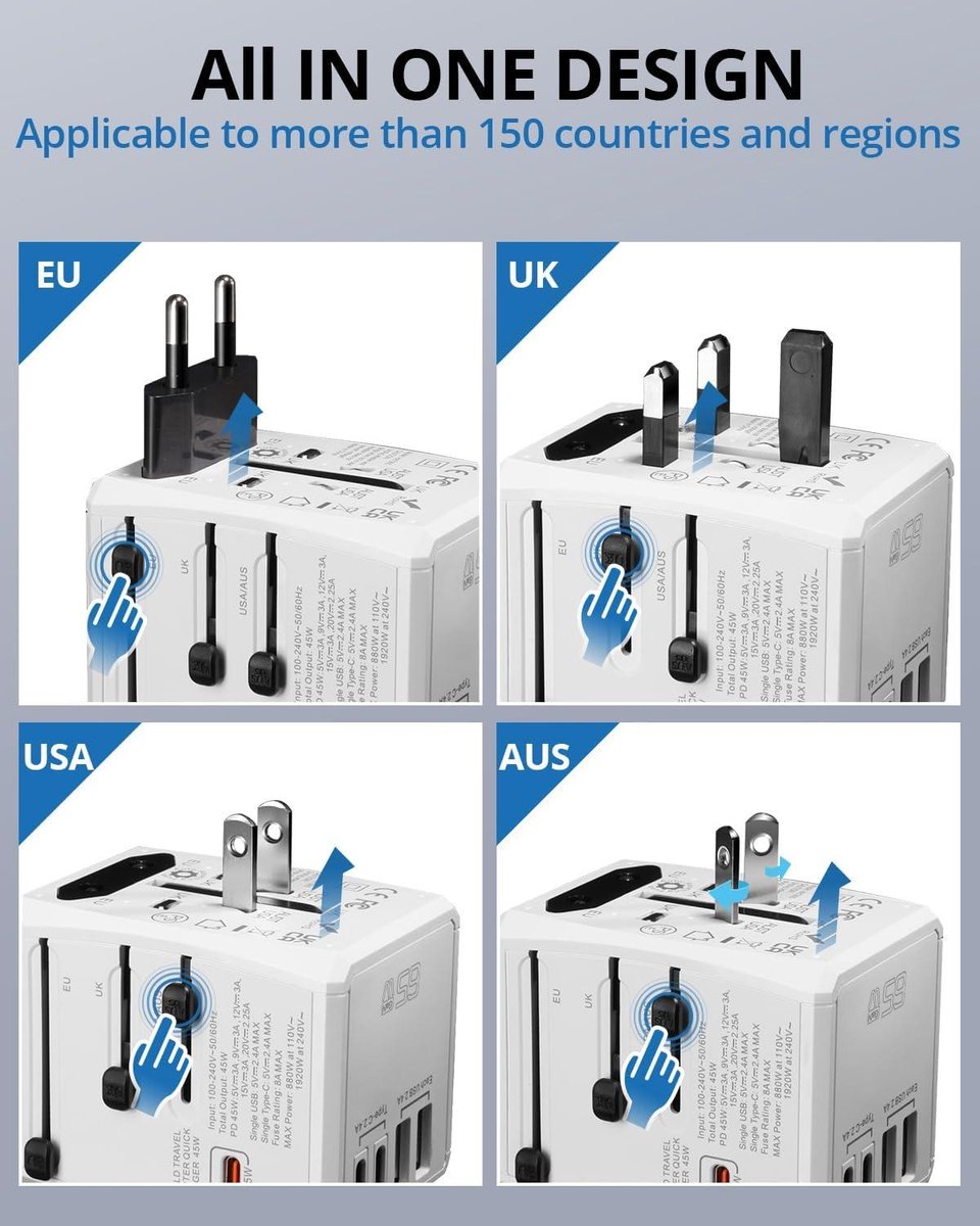Universal Travel Adapter - 65W - 2 USB 3 USB-C 1 AC Outlet - International Plug Adapter - Charge up to 6 Devices Simultaneously - EU USA UK - Travel Ready