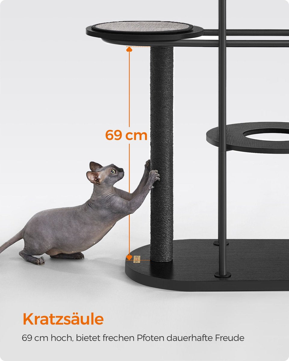 Cat scratching post - modern cat tree - metal tubes - with cushion and platform - sisal post - cat toy ball - for small - large - old cat - classic black - 80 x 43 x 111 cm