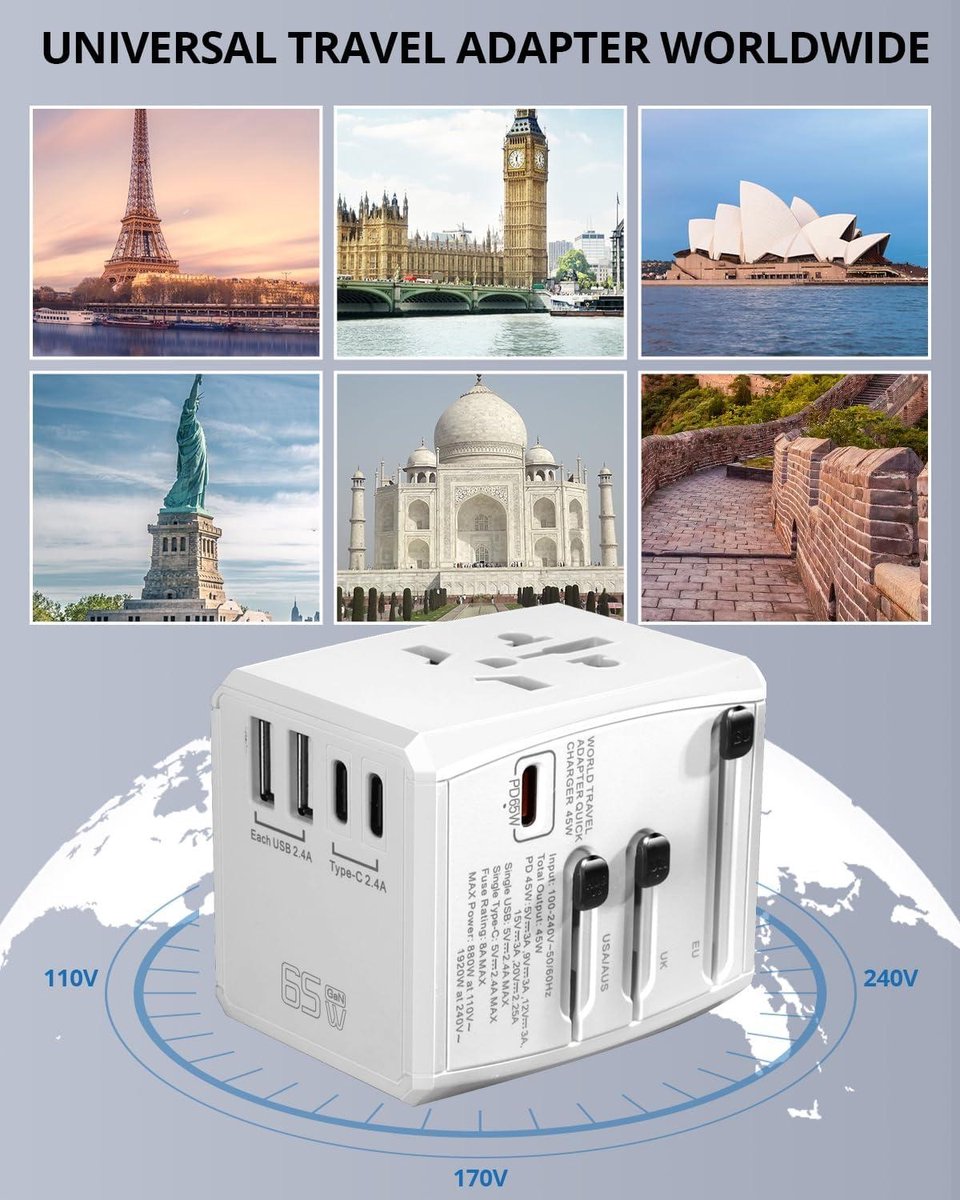 Universal Travel Adapter - 65W - 2 USB 3 USB-C 1 AC Outlet - International Plug Adapter - Charge up to 6 Devices Simultaneously - EU USA UK - Travel Ready
