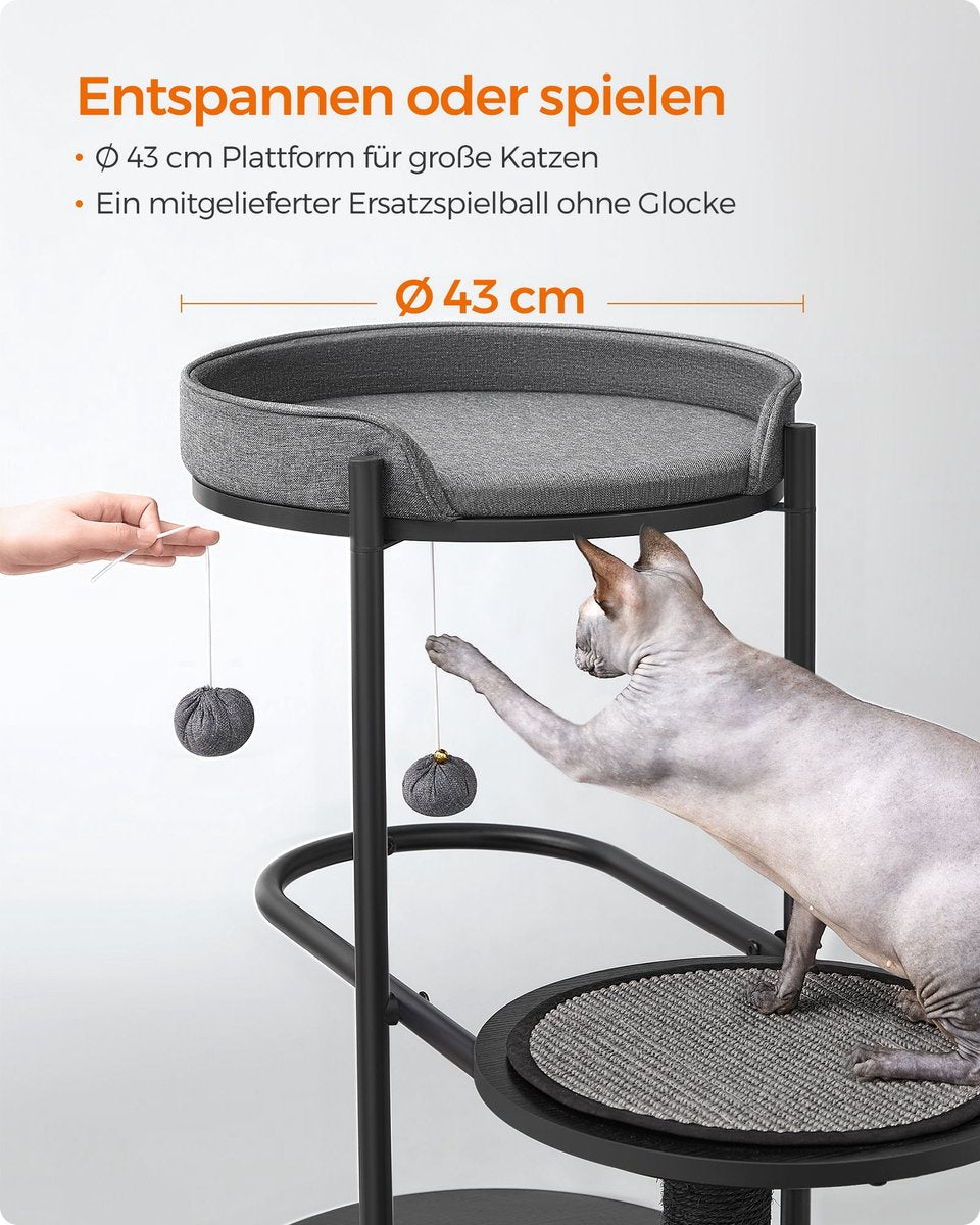 Cat scratching post - modern cat tree - metal tubes - with cushion and platform - sisal post - cat toy ball - for small - large - old cat - classic black - 80 x 43 x 111 cm