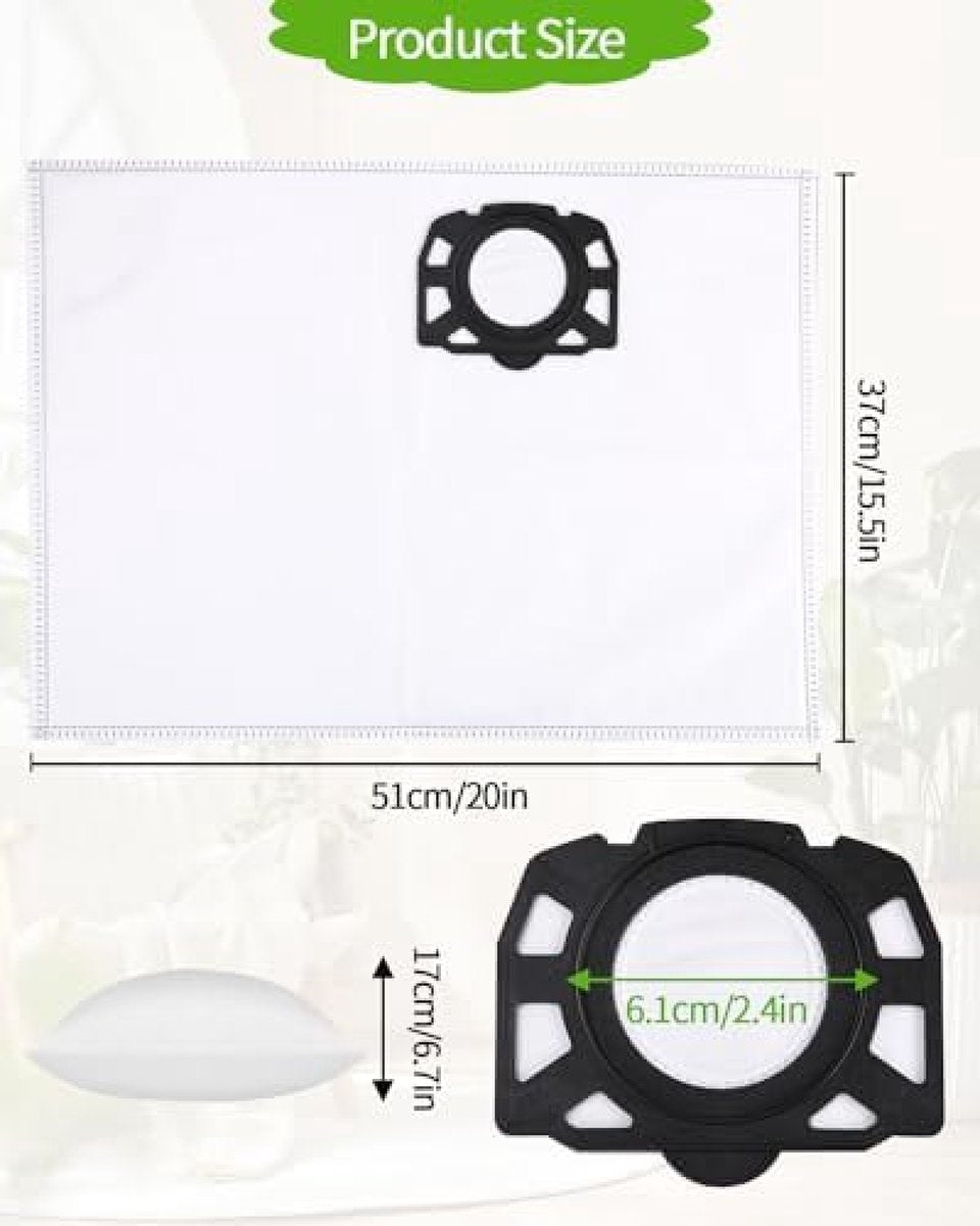 Fleece filter bags are suitable for Kärcher vacuum cleaner models such as WD2, WD3, KWD1, KWD2, KWD3, WD3.200, WD3.800, SE4001 and SE4002.