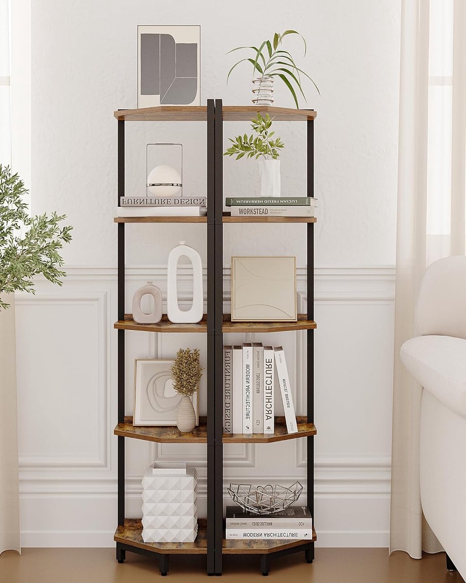 Corner Shelf Stand, 5-Tier Corner Bookshelf, Storage Stand with Metal Frame, Plant Stand, Corner Bookcase for Living Room Home Office, Rustic Brown and and Black
