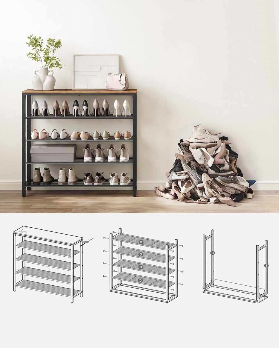 Hoppa! Vintage Metalen Schoenenrek 4 Lagen Bruin - Bruin - Metaal - 100 x 30 x 92,5 cm