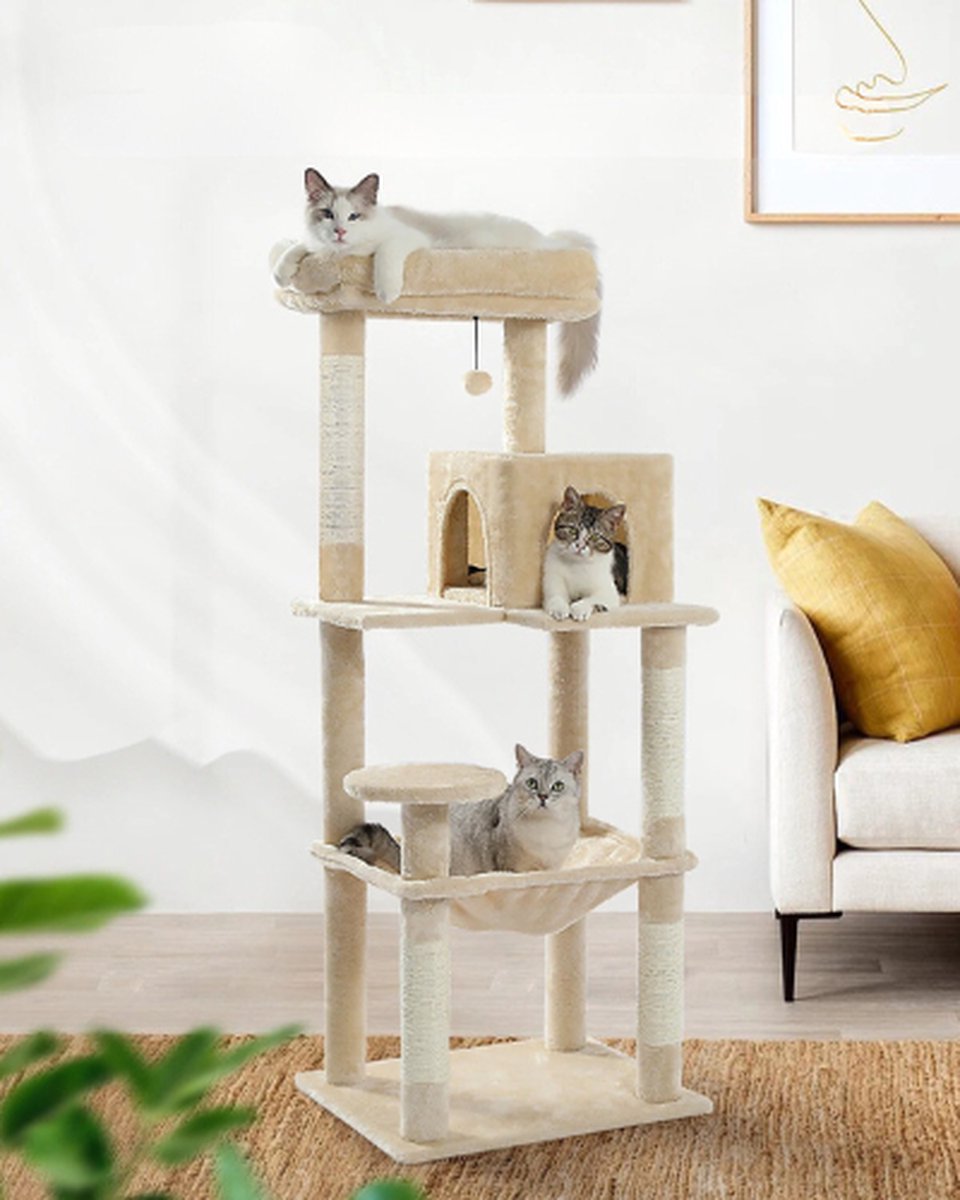 Rakmishop - Krabpaal - 5 Verdiepingen - Kattentoren - Krabpaal - Krabpaal voor grote katten - Krabtoren - 143x50x45 cm - Beige