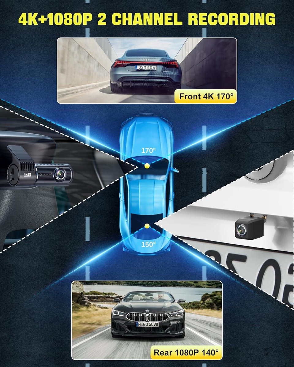 Voor en achter 4K wifi dashcam - 64 GB SD-kaart - loopopname G-sensor - app-bediening - super nachtzicht - 170 graden + 140 graden groothoek - veilige supercondensator Dashcam voor auto