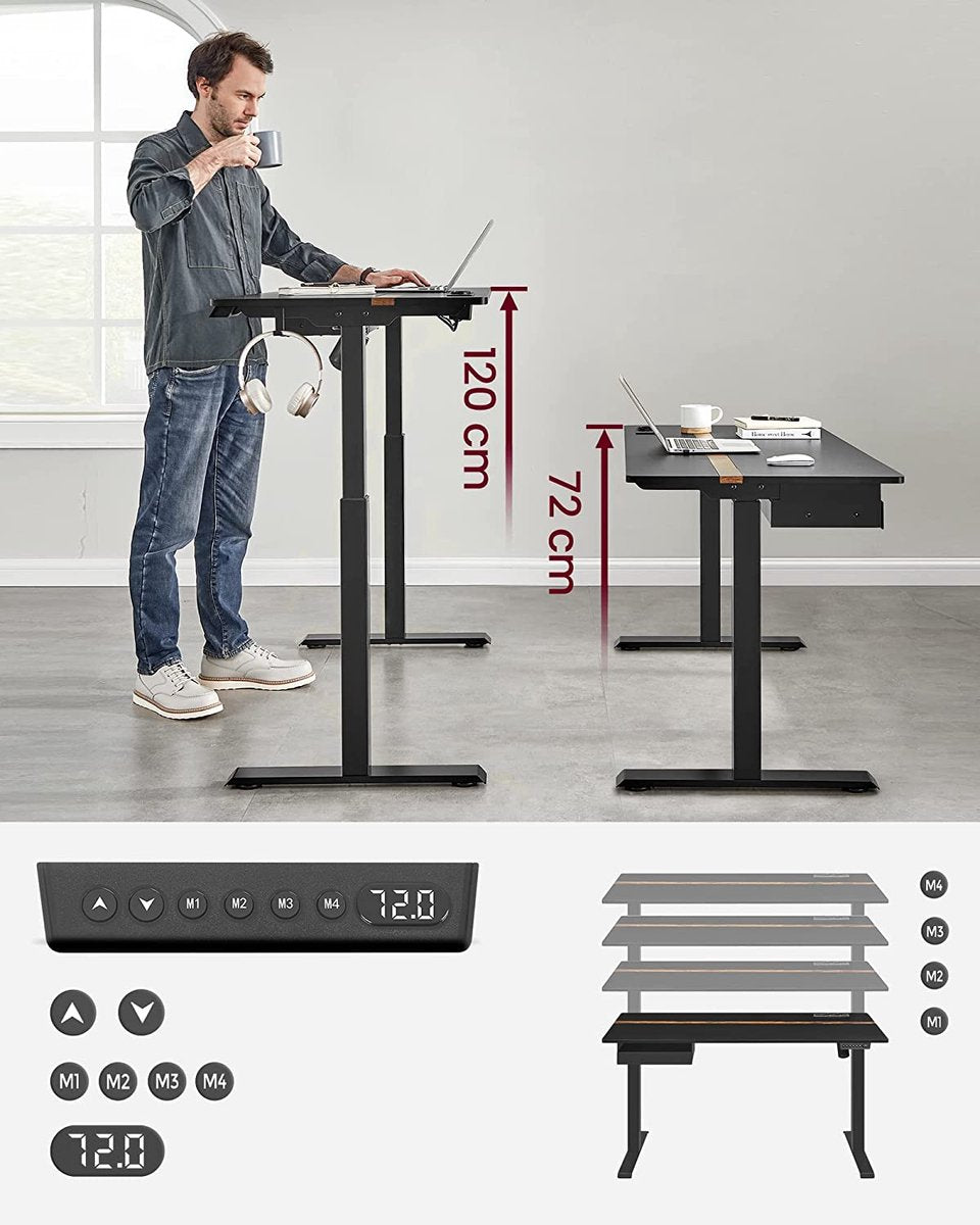 In hoogte verstelbaar bureau - Elektrisch bureau - Met stopcontacten - Traploos verstelbaar - 60 x 140 cm - Zwart