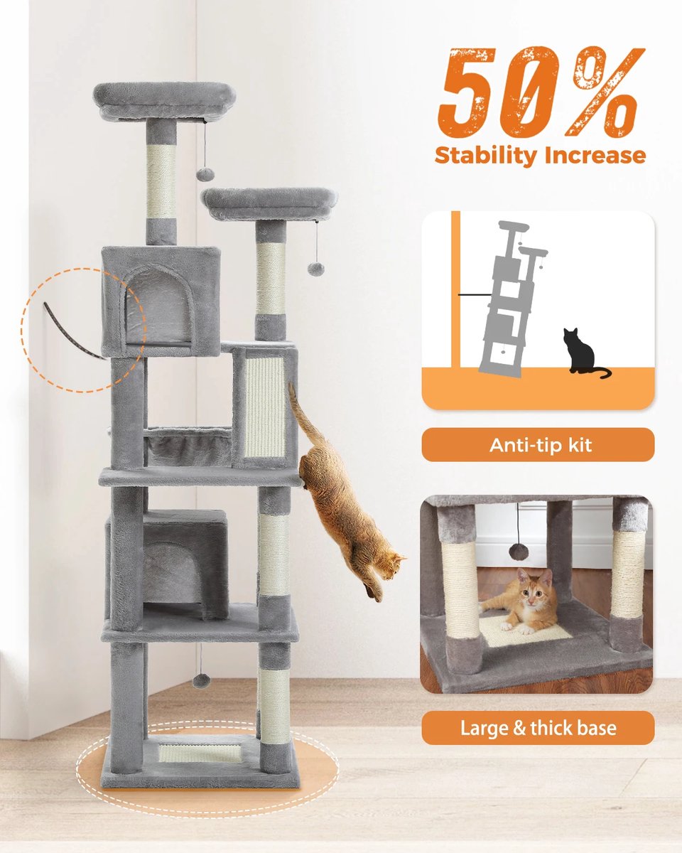 Luxury Cat Scratching Post For Cats - Scratching Post For Large Cats - Cat Toys - Cats - Luxury Multi-level Cat Scratching Post - Dark Grey - Height 180 cm