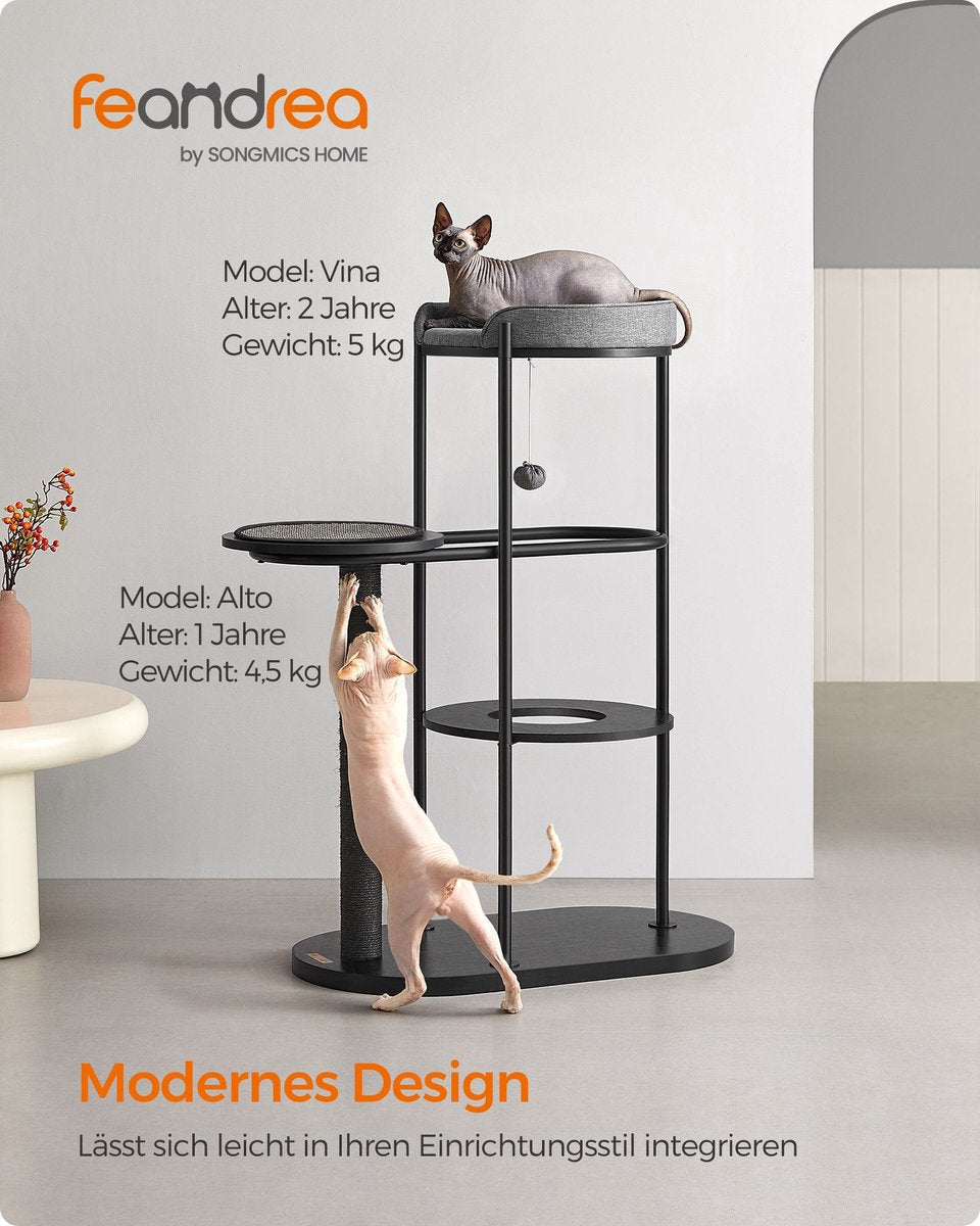 Cat scratching post - modern cat tree - metal tubes - with cushion and platform - sisal post - cat toy ball - for small - large - old cat - classic black - 80 x 43 x 111 cm