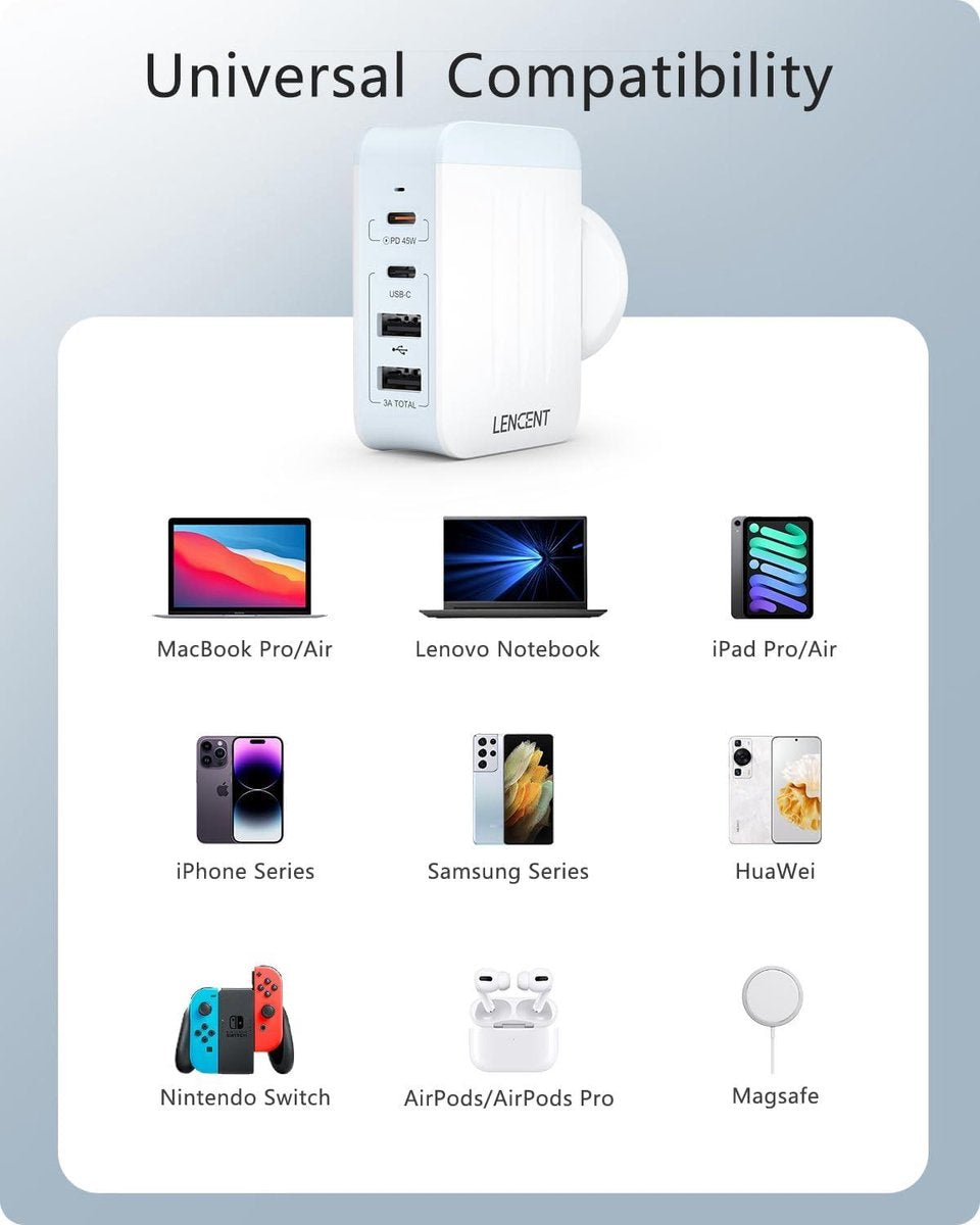 Universele Reisadapter 45W Multi USB Oplader - PD Type-C - Universele Reisstekker - Type A/C/G/I - Wit