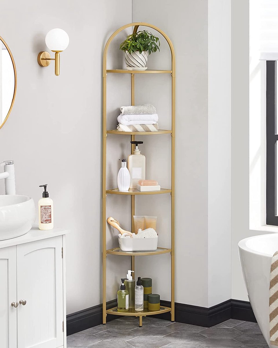 Corner Shelf Bookcase Standing Shelf Metal Frame Tempered Glass Shelves Rustproof Living Room Bedroom Kitchen Bathroom Modern Gold