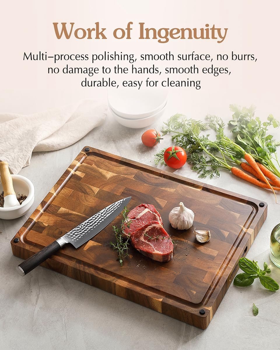 Large Thick Cutting Board by Hersenhout, Acacia Wood (48.5 x 35.6 x 3.8 cm), Usable on Both Sides, Wooden Board, Chopping Board, Kitchen, Cutting Board with Non-Slip Feet, Integrated Handles and