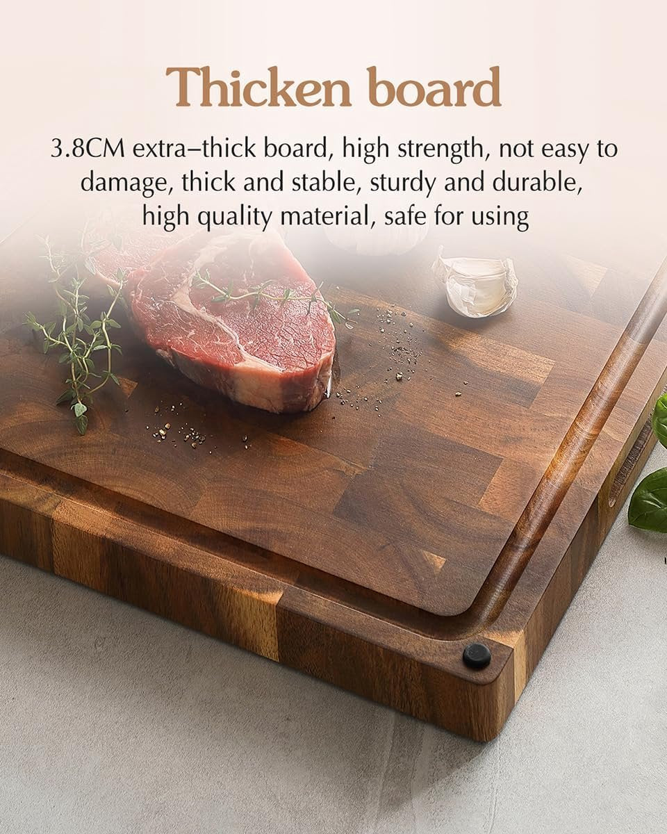 Large Thick Cutting Board by Hersenhout, Acacia Wood (48.5 x 35.6 x 3.8 cm), Usable on Both Sides, Wooden Board, Chopping Board, Kitchen, Cutting Board with Non-Slip Feet, Integrated Handles and