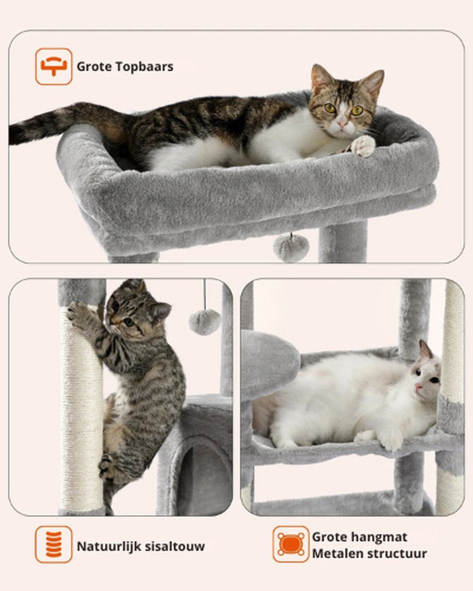 Rakmishop - Cat Tree - 5-Story - Cat Tower - Cat Post - Cat Pole for Large Cats - Scratch Tower - 143x50x45 cm - Gray