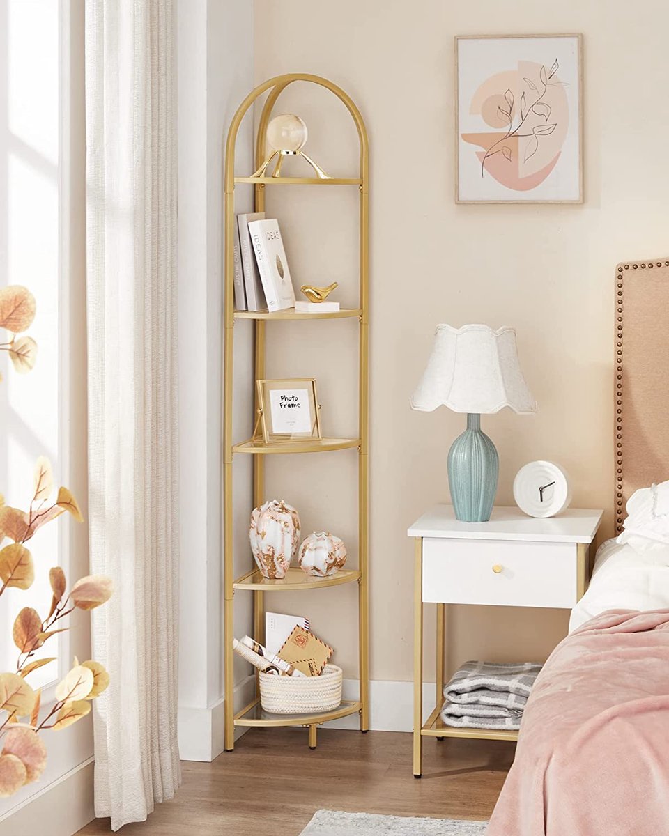 Corner Shelf Bookcase Standing Shelf Metal Frame Tempered Glass Shelves Rustproof Living Room Bedroom Kitchen Bathroom Modern Gold