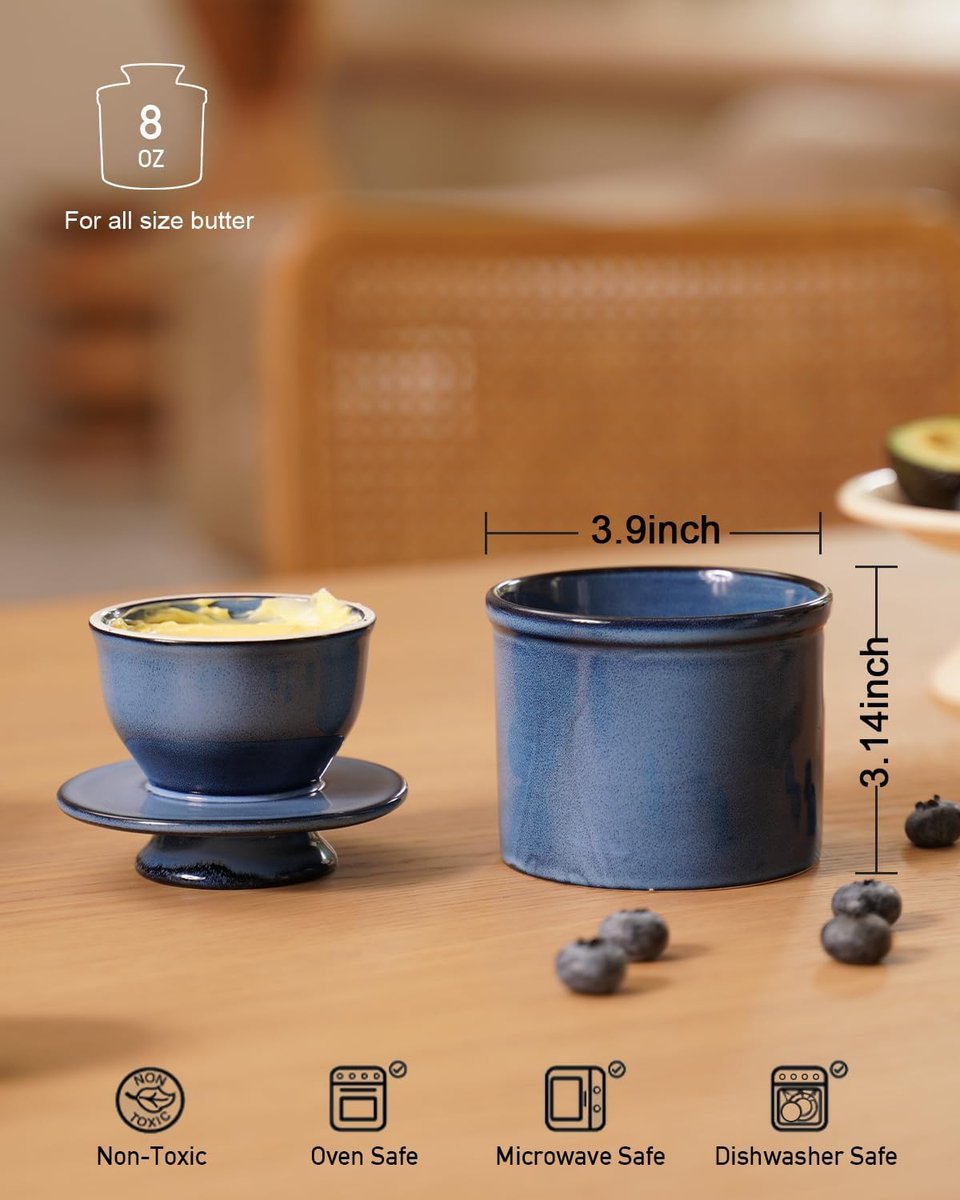 French Butter Dish, Water Cooled Butter Dish with Waterline, Ceramic Butter Bell for Spreadable Butter - Christmas Gift for the Kitchen - Ocean Blue