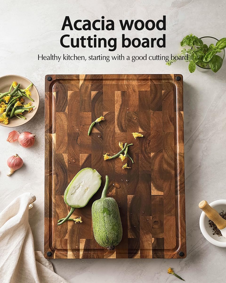 Large Thick Cutting Board by Hersenhout, Acacia Wood (48.5 x 35.6 x 3.8 cm), Usable on Both Sides, Wooden Board, Chopping Board, Kitchen, Cutting Board with Non-Slip Feet, Integrated Handles and