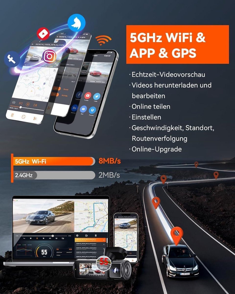 4-kanaals dashcam auto 1944P+3×1080P/30FPS STARVIS 2 360°-camera voor en achter 5GHz wifi spraakgestuurd met GPS - dubbele HDR+WDR 24 uur bufferparkeermodus - dubbel IR - max. 512G Dashcam voor auto