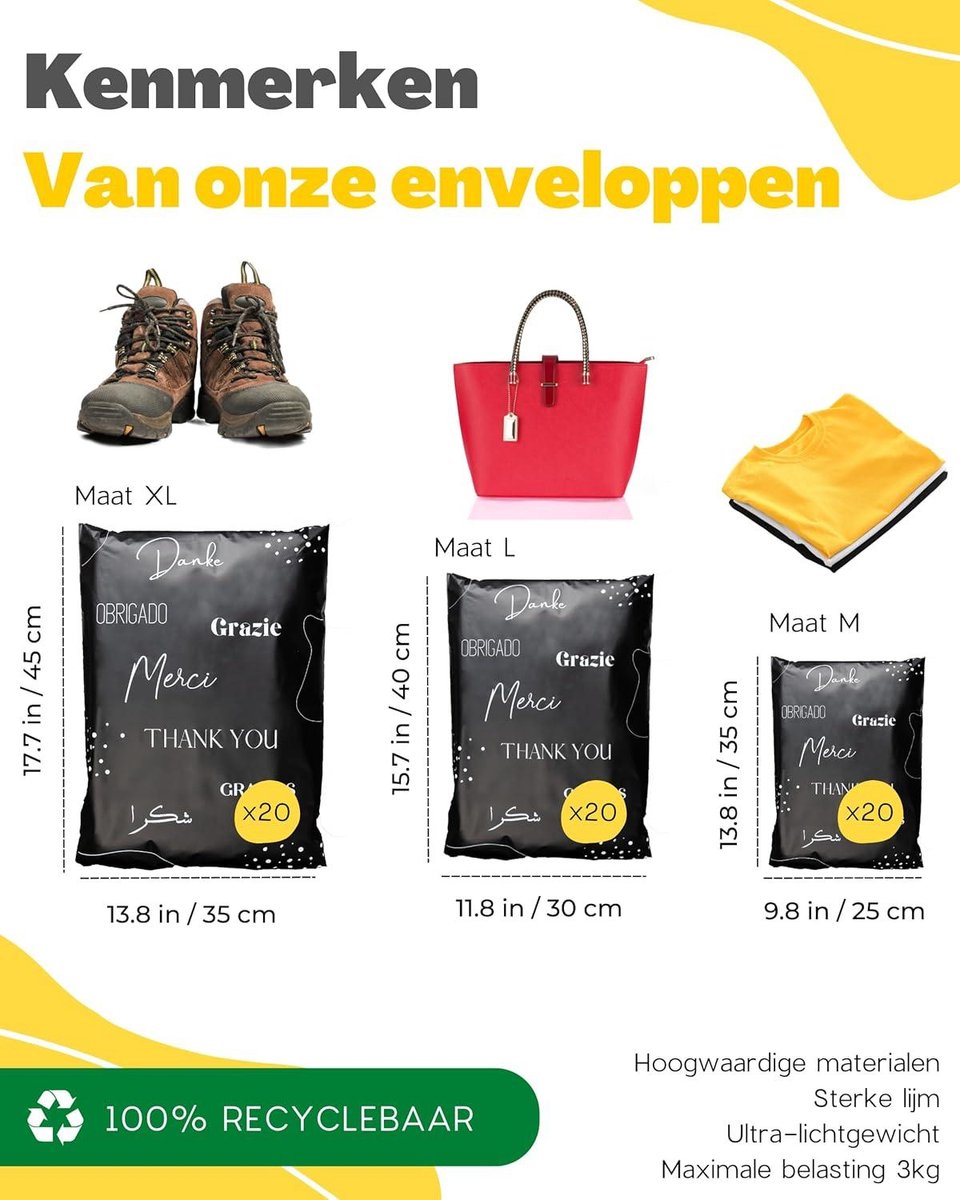 60 Verzendzakken Kleding Vinted met Verzendlabels - 3 Maten M-L-XL - ONDOORZICHTIG DUURZAAM WATERDICHT - Verzendenvelop Kunststof - Verzendtas - Tassen Pakketten - Bedankt