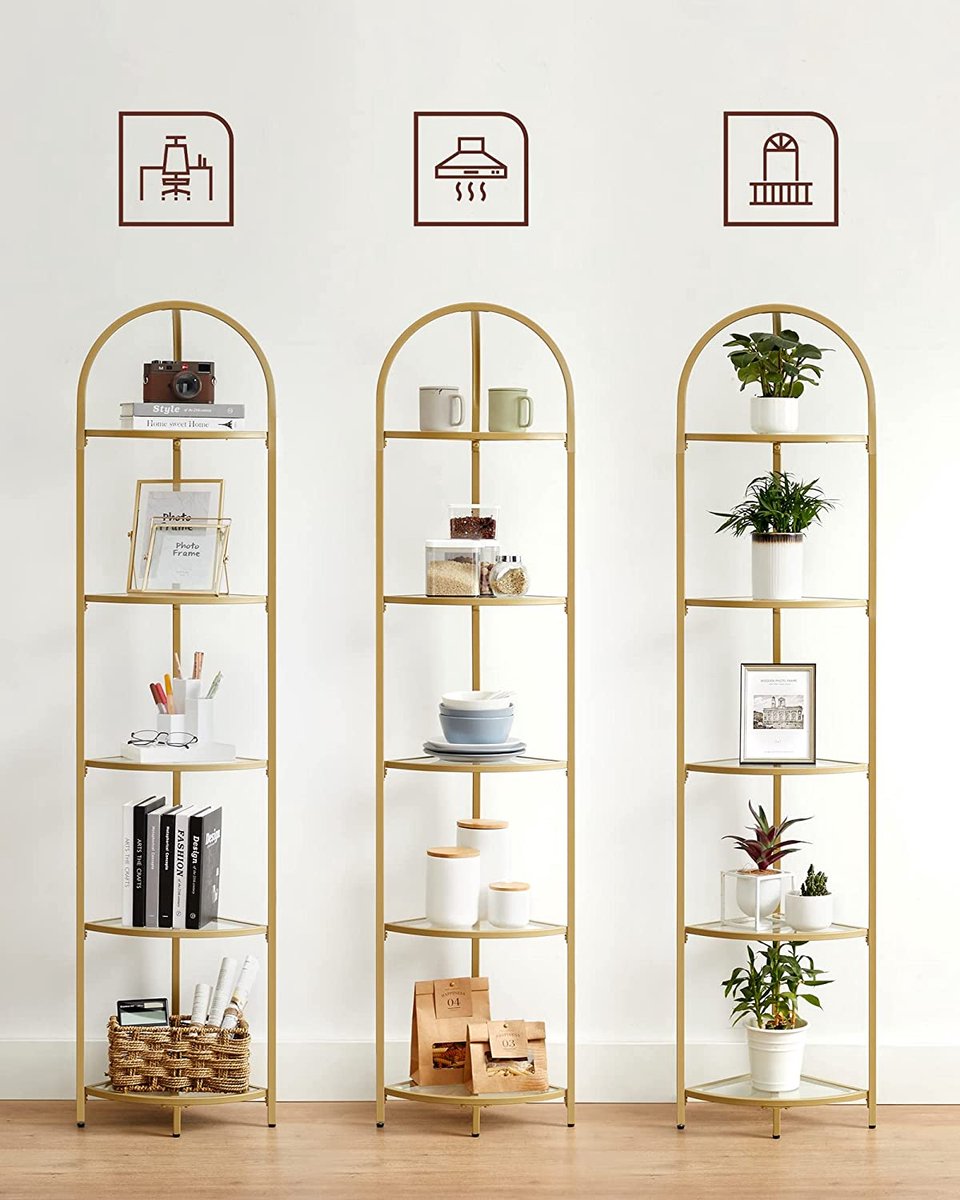 Corner Shelf Bookcase Standing Shelf Metal Frame Tempered Glass Shelves Rustproof Living Room Bedroom Kitchen Bathroom Modern Gold
