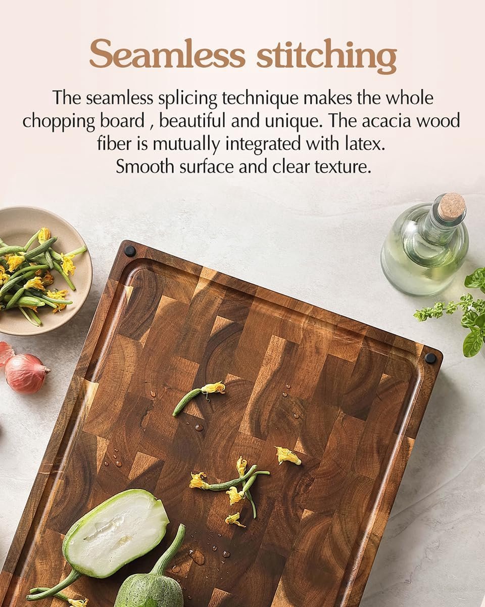 Large Thick Cutting Board by Hersenhout, Acacia Wood (48.5 x 35.6 x 3.8 cm), Usable on Both Sides, Wooden Board, Chopping Board, Kitchen, Cutting Board with Non-Slip Feet, Integrated Handles and