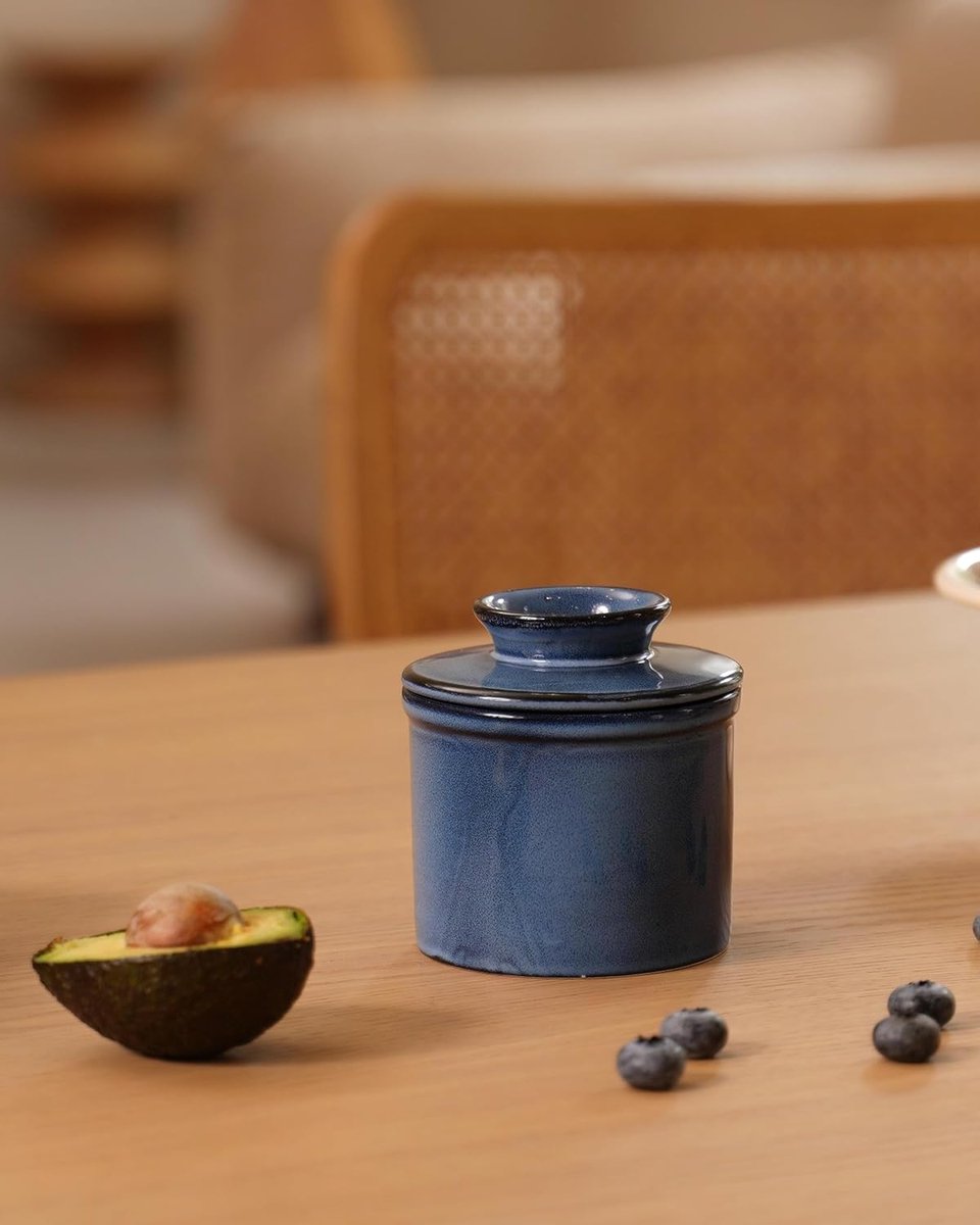 French Butter Dish, Water Cooled Butter Dish with Waterline, Ceramic Butter Bell for Spreadable Butter - Christmas Gift for the Kitchen - Ocean Blue