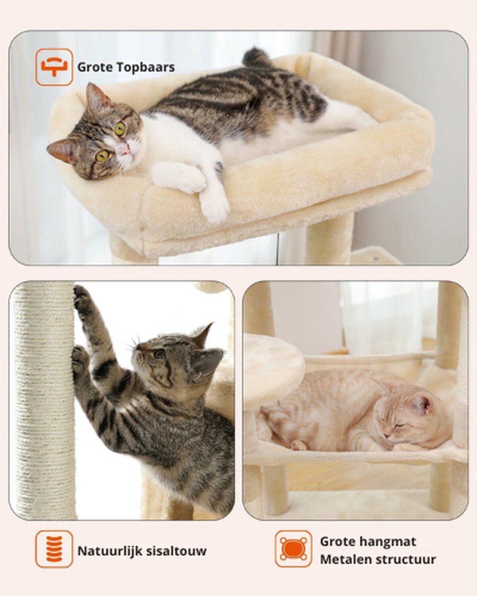 Rakmishop - Krabpaal - 5 Verdiepingen - Kattentoren - Krabpaal - Krabpaal voor grote katten - Krabtoren - 143x50x45 cm - Beige