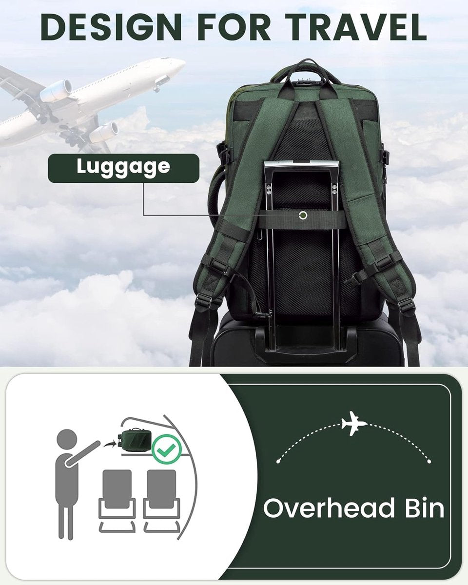 Reisrugzak, handbagage, vliegtuig, zakelijke rugzak, heren, dames, uitbreidbaar, laptoprugzak voor 17,3 inch voor weekends, donkergroen