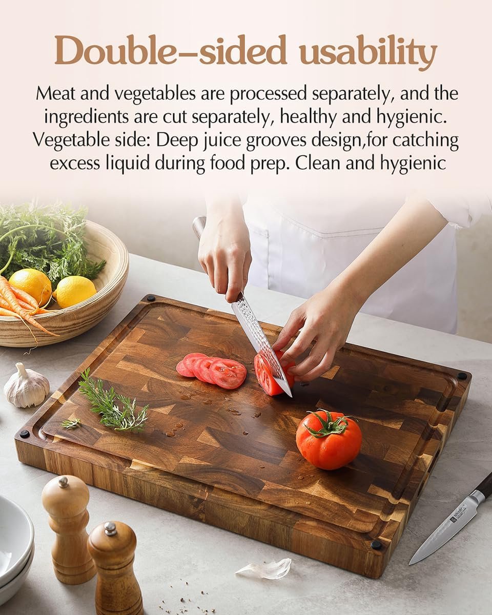 Large Thick Cutting Board by Hersenhout, Acacia Wood (48.5 x 35.6 x 3.8 cm), Usable on Both Sides, Wooden Board, Chopping Board, Kitchen, Cutting Board with Non-Slip Feet, Integrated Handles and