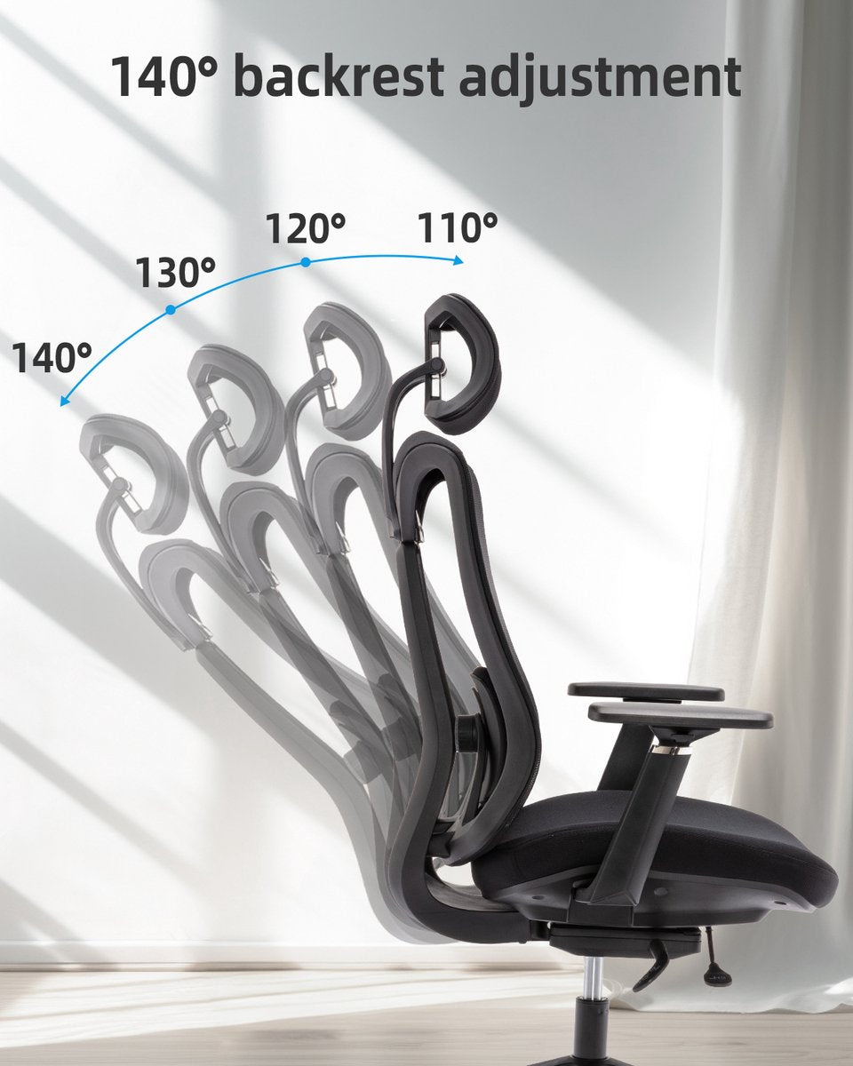 Ergonomic Office Chair - Desk Chair - Adjustable Headrest - Black - Height Adjustment 117-125cm - Swivel Office Chair - With wheels