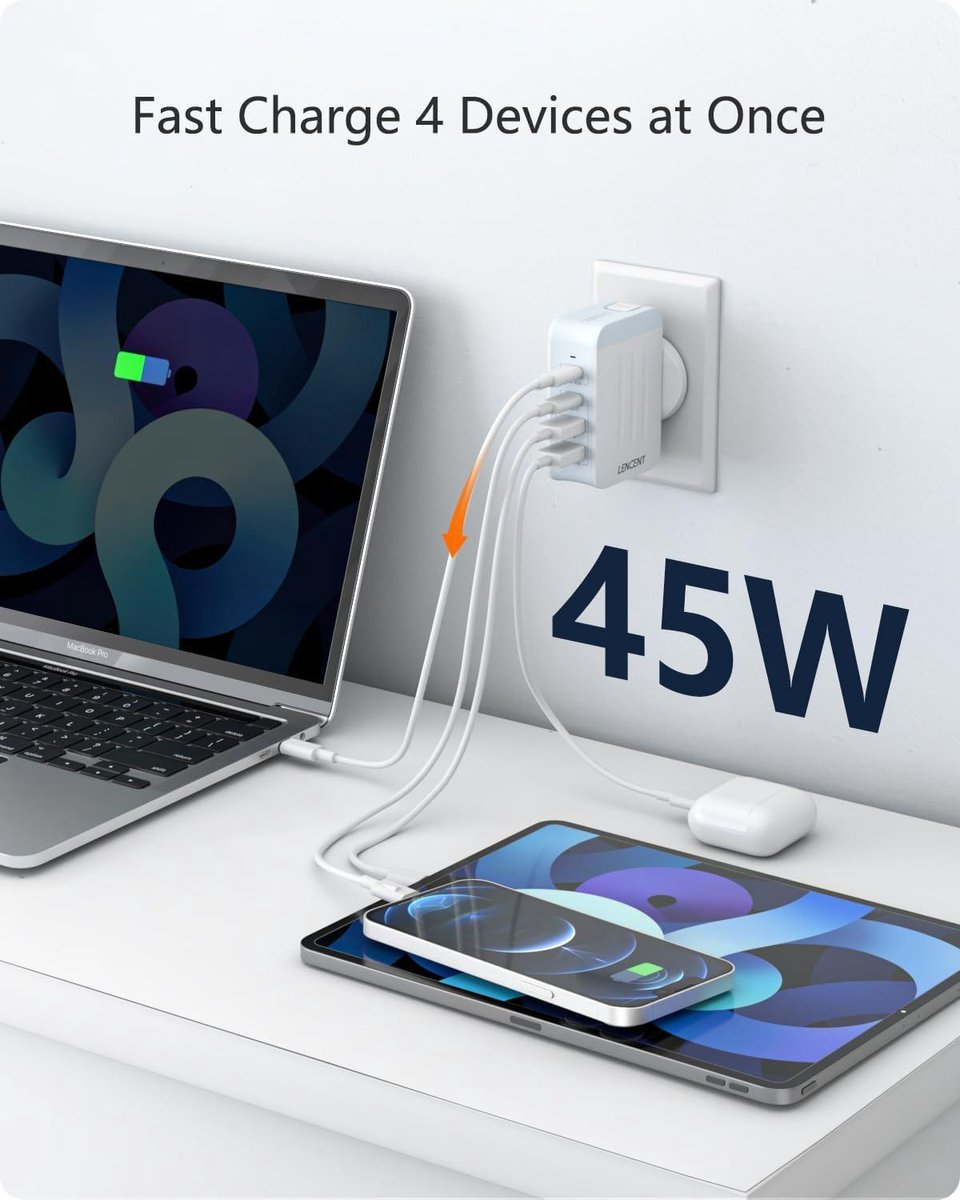 Universal Travel Adapter for International Travel - 45W Multi USB Charger - PD Type-C+2 USB - White