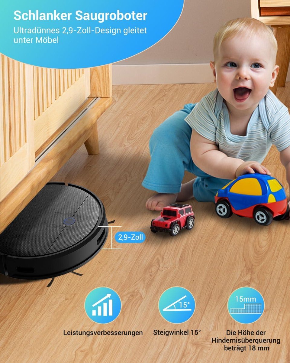 2500 Pa zuigkracht, WLAN-app, Google Assistent, 120 minuten looptijd - Robotstofzuiger voor harde vloeren, tegels, laminaat, tapijten, dierenharen