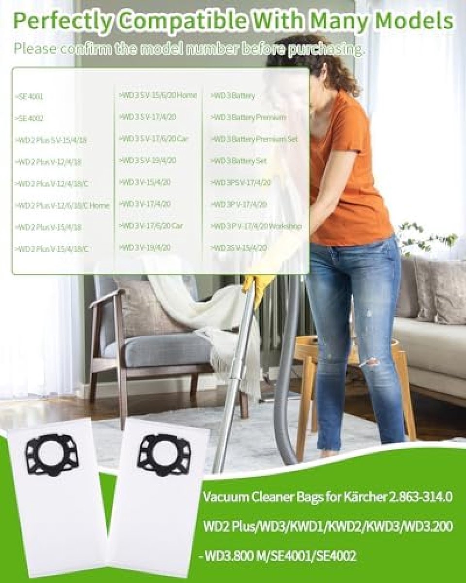 Fleece filter bags are suitable for Kärcher vacuum cleaner models such as WD2, WD3, KWD1, KWD2, KWD3, WD3.200, WD3.800, SE4001 and SE4002.