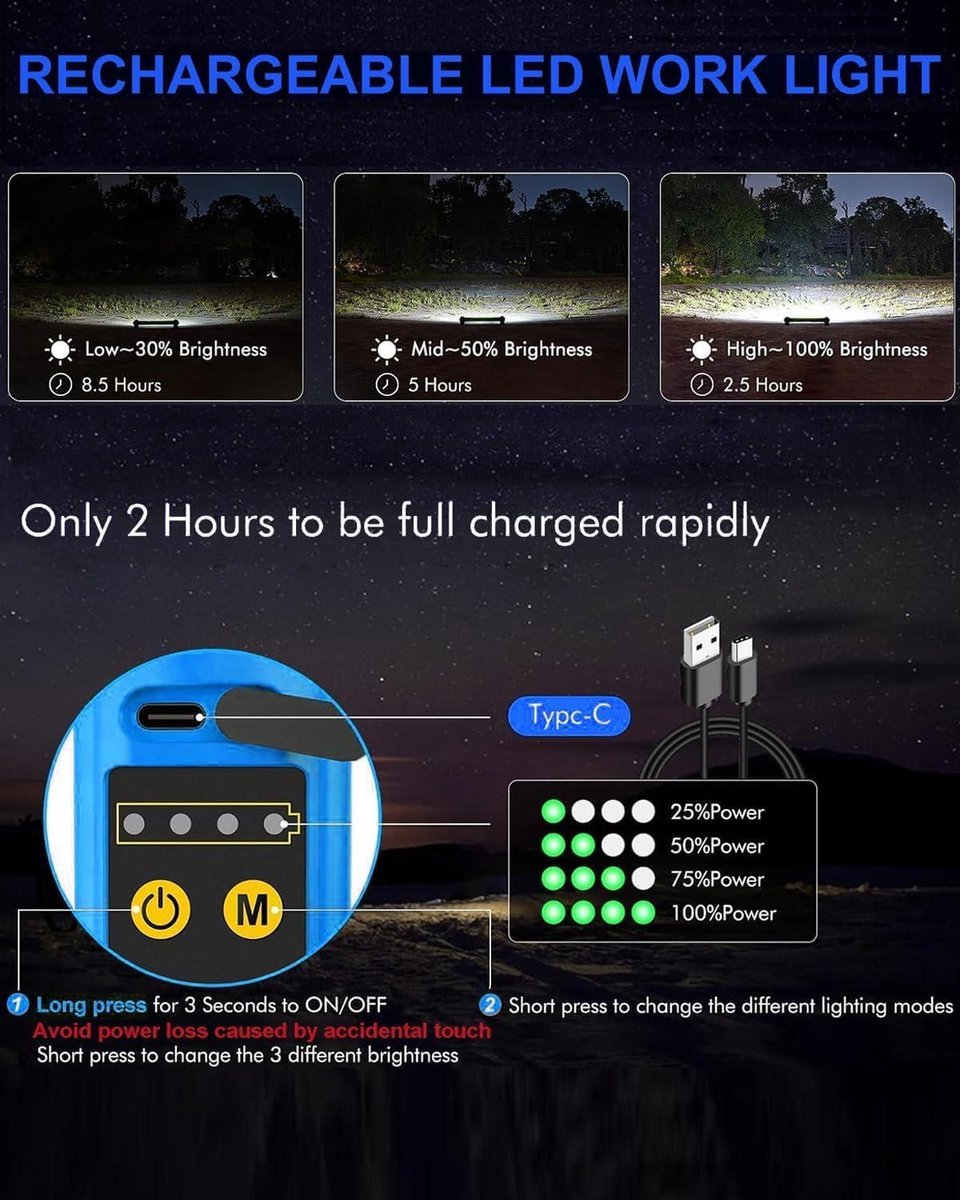 3000 lumen led-accuspot 5000 mAh oplaadbare magnetische werklamp - motorkaplamp met haak - draagbare werklamp - 6 lichtmodi - 3 helderheidsniveaus - motorkap garage noodgevallen