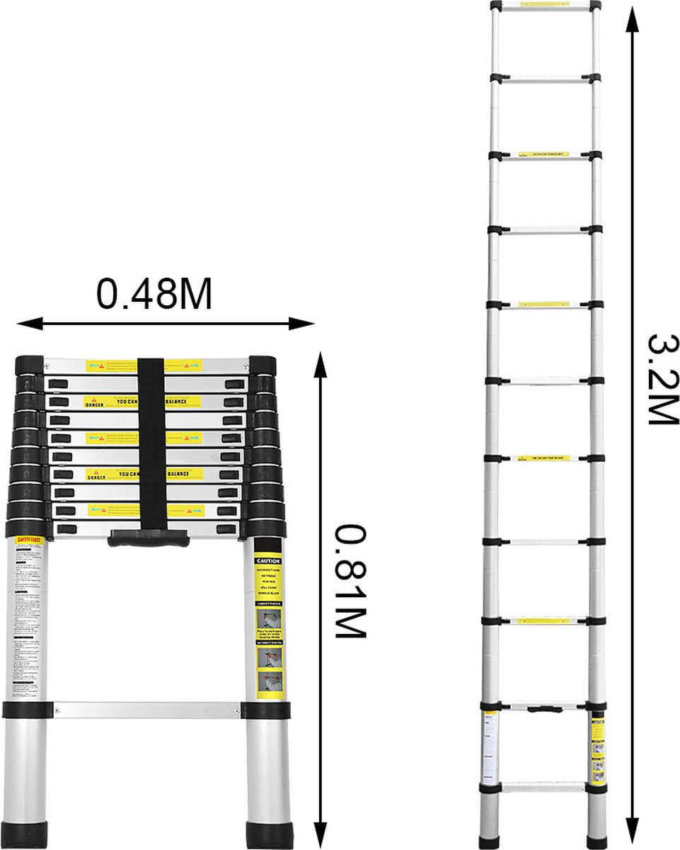 Telescopische Vouwladder - Telescopische Ladders - Soft Close - Werkhoogte 3,2 m - zilver