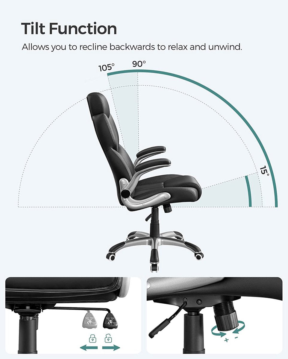 Draaistoel - Bureaustoel - Kunstleer - Zwart - Ergonomische draaistoel - Met opklapbare armleuningen - Nylon stervoet - Draagvermogen 150 kg - Zwart