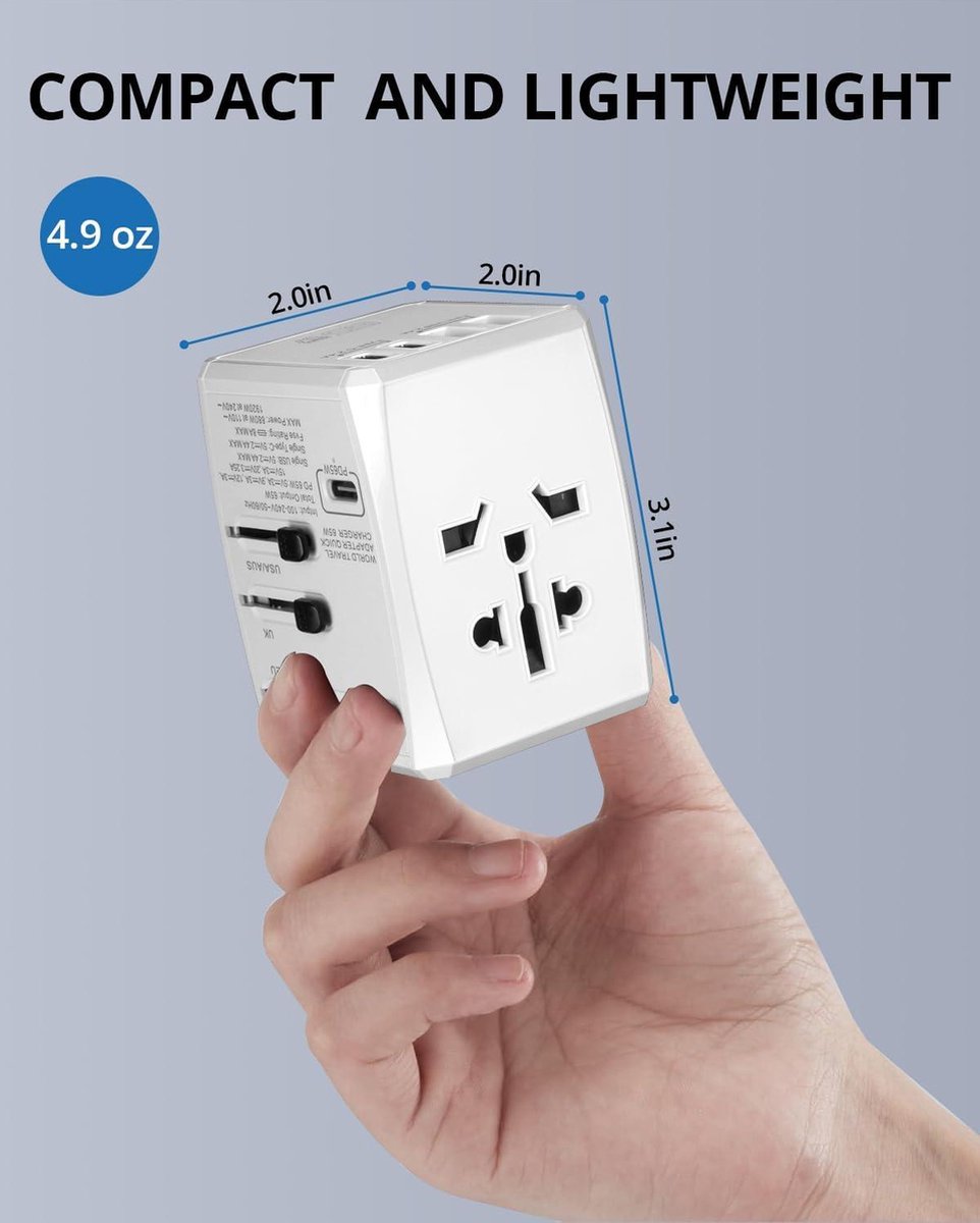 Universal Travel Adapter - 65W - 2 USB 3 USB-C 1 AC Outlet - International Plug Adapter - Charge up to 6 Devices Simultaneously - EU USA UK - Travel Ready