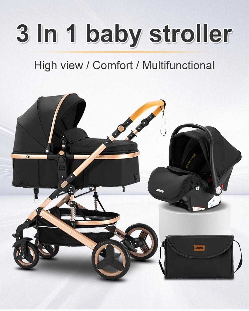 ByLoesje® Kinderwagen 3 In 1 Luxe Draagbare Kinderwagen - Zwart - Verstelbaar - Opvouwbaar - Adapters - Regenhoes - Bekerhouder - Muggennet - Luiertas - Zomermat