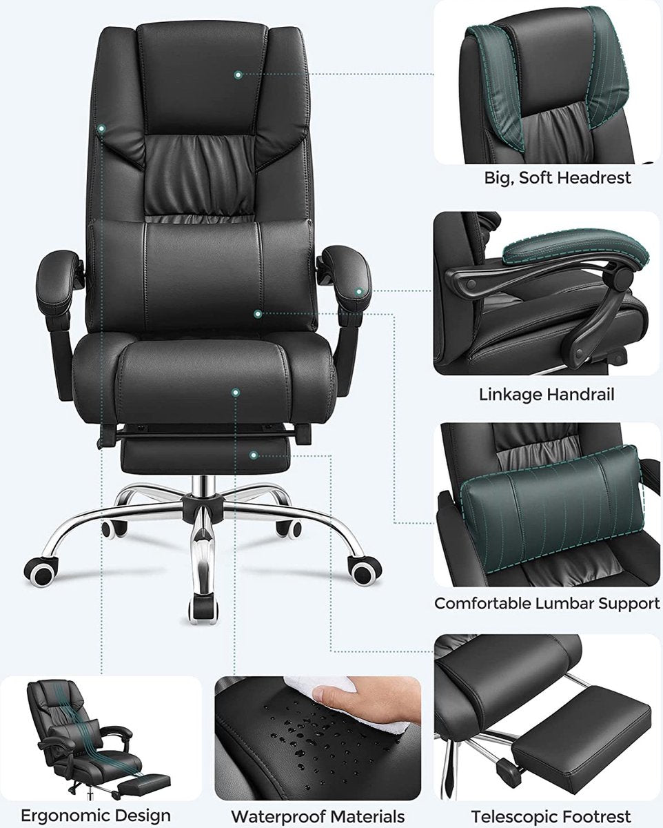 Office chair with footrest and lumbar cushion, faux leather, black, 67 x 66 x 116 cm
