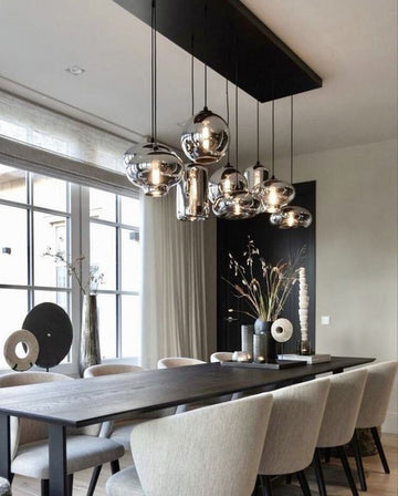 7 lichts - smoke bulbs - mixed glas - zwart mat plaat - 120 x 40cm