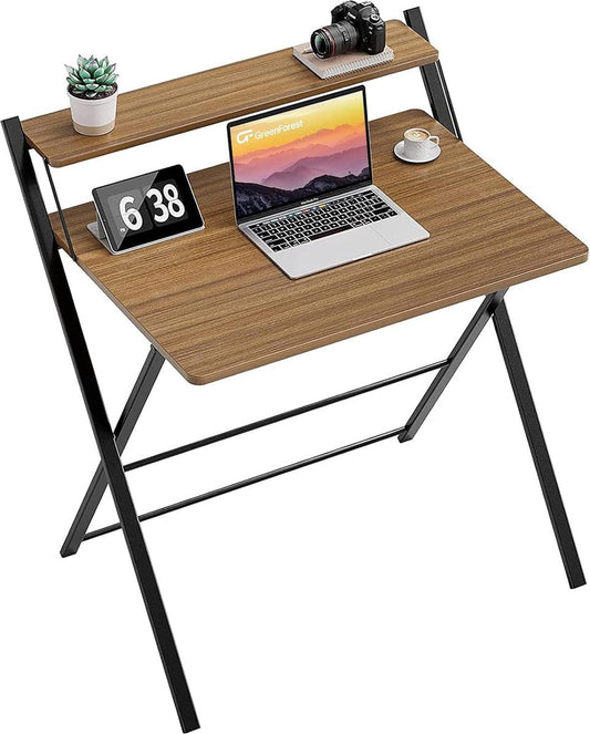 GreenForest Kleine Opvouwbare Computertafel met Plank, Geen Montage Vereist, 75 x 52 cm Bureau voor Thuiskantoor, Kleine Werktafel, Bruin