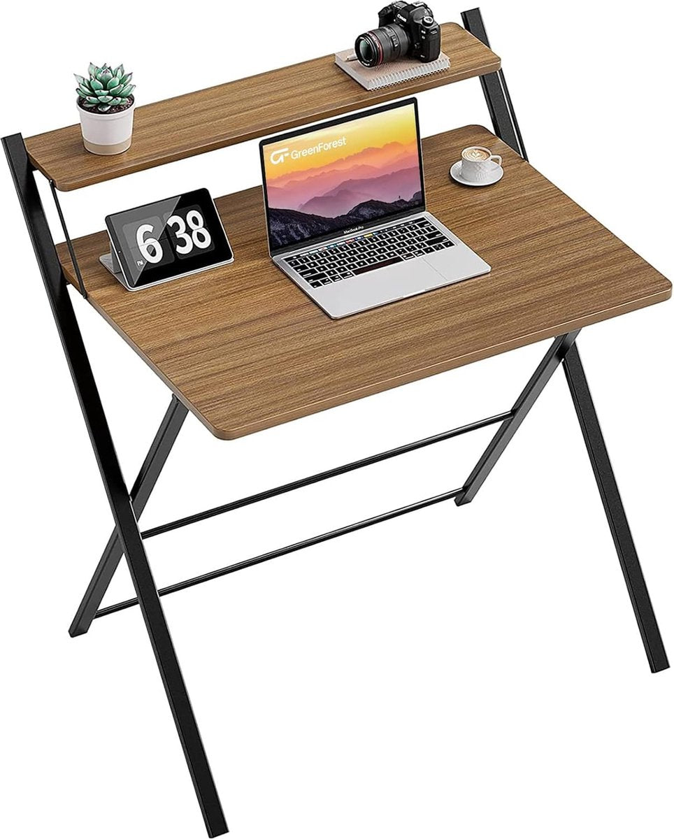 GreenForest Kleine Opvouwbare Computerbureau met Plank, Geen Montage Nodig, 75 x 52 cm Bureau voor Thuiskantoor, Kleine Werktafel, Bruin