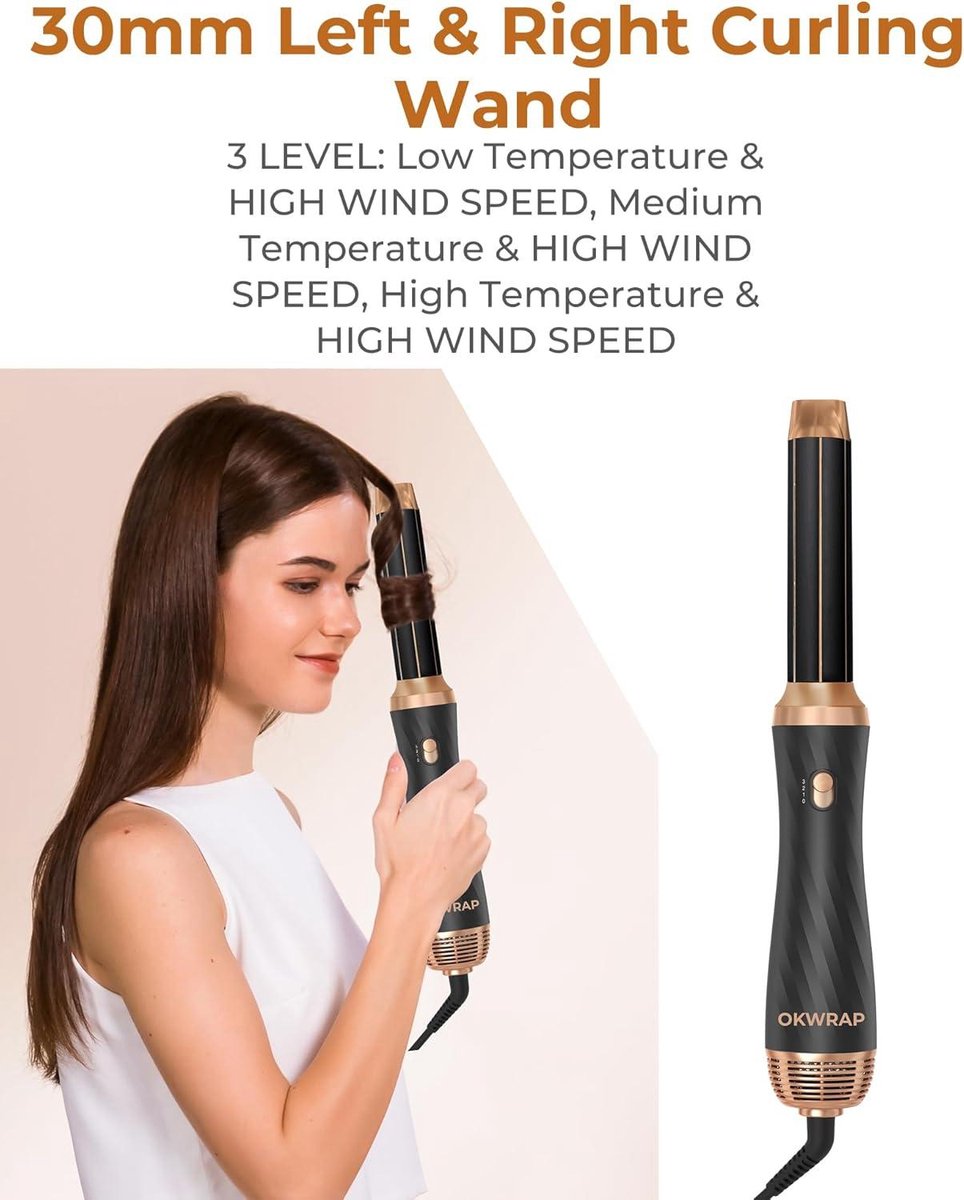 Föhnborstel 6-in-1 Airstyler haarstyler - ronde borstelföhn - warme luchtborstel - thermische borstel - automatische airflow krultang - volume föhnborstel voor gladmaken - drogen - volume - haarstyler met 6 accessoires