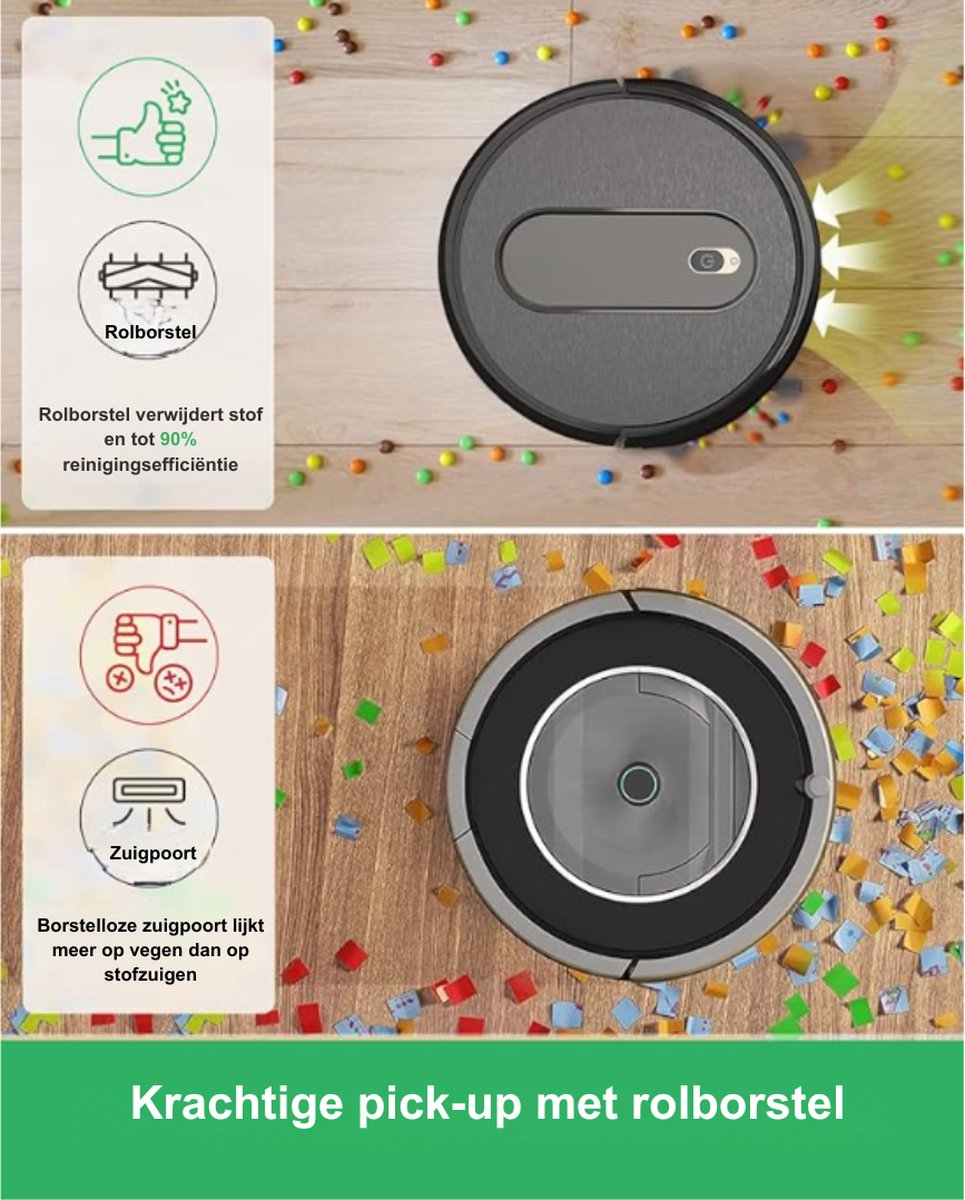 Robotstofzuiger - Met dweilfunctie - Zelfopladend - Intelligente vacuümrobot - Alexa & Google Assistant - 32L x 32B x 8H CM - Zwart